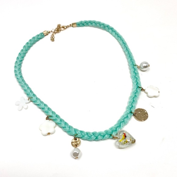 New Free People Charm Choker Necklace Blue Flower Heart - Picture 3 of 6